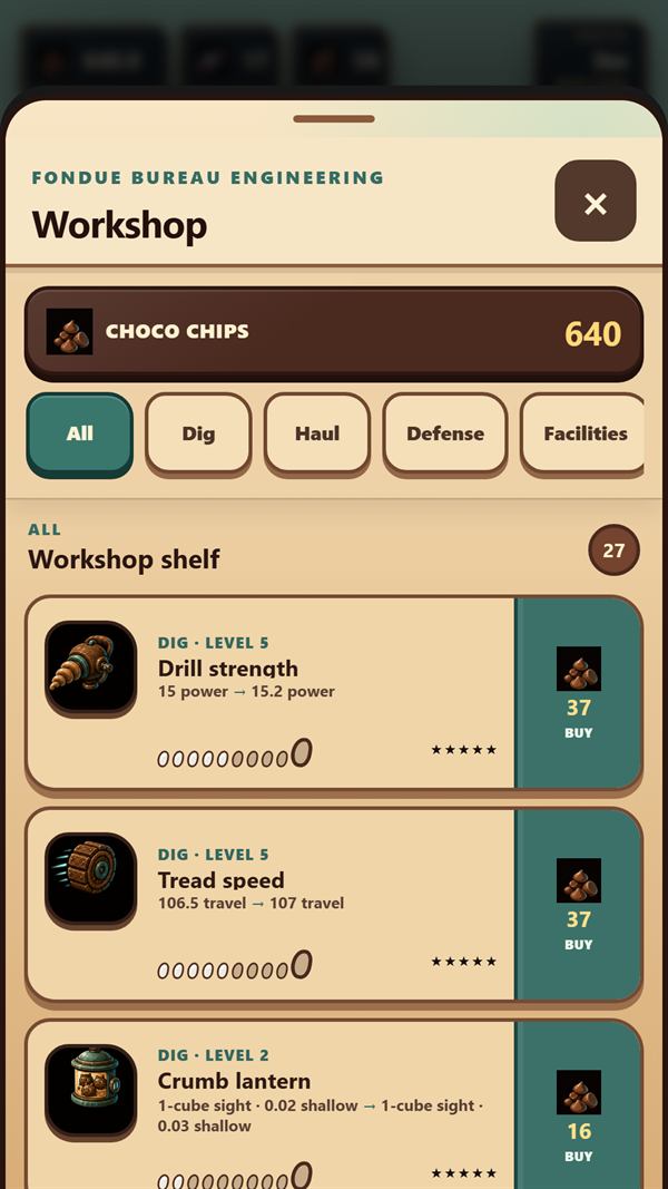 Choosing permanent expedition upgrades in the Workshop